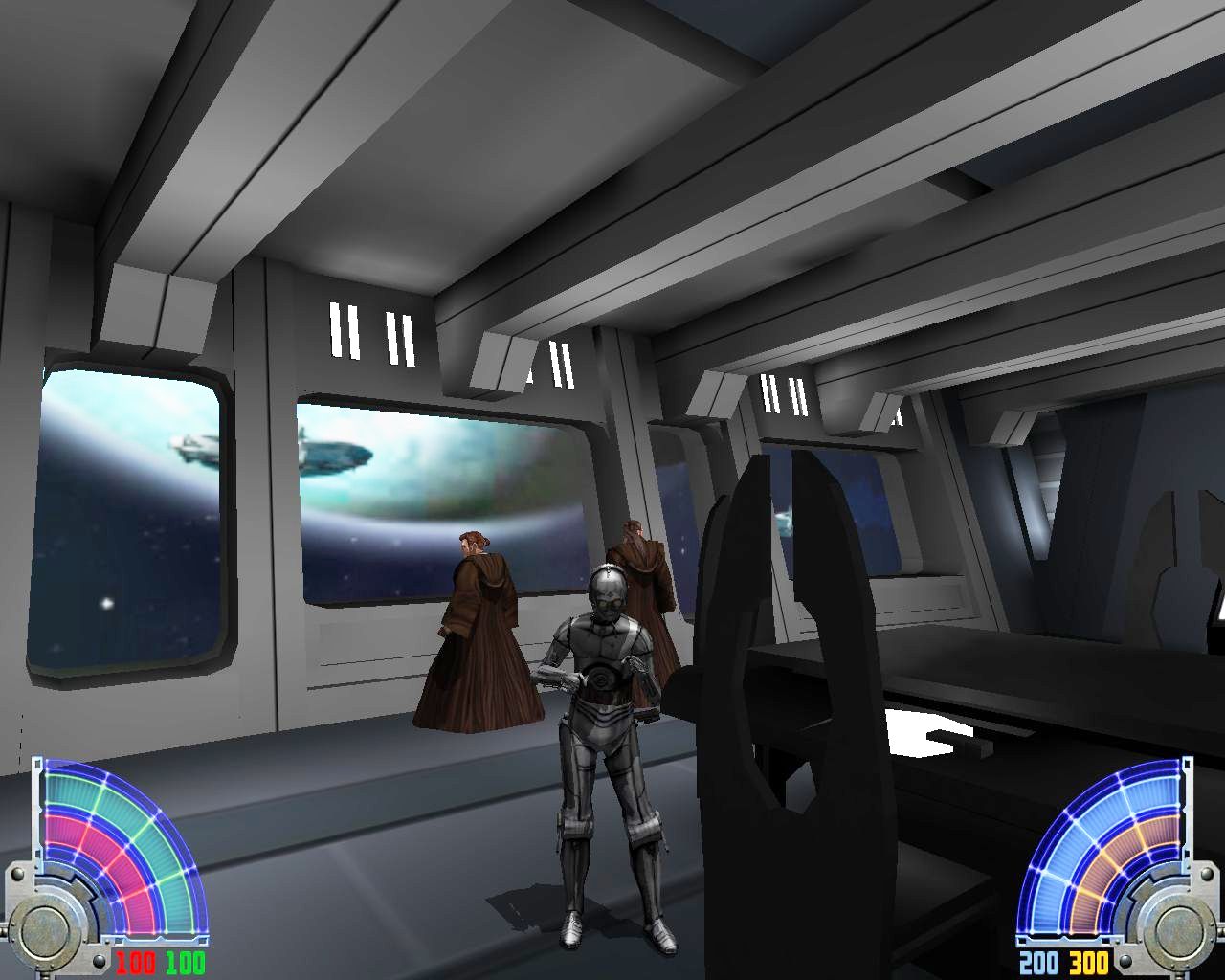Qui Gon Jinn and Obi-wan Kenobi at the window of the droid control ship