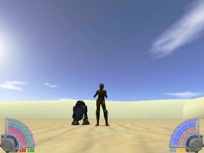 R2-D2 and C-3PO escapes Tantive 4 in an escape pod to the surface of the desert planet Tatooine